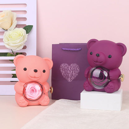 Preserved Soap Rose & Bear Box with Heart Necklace Eternal Flowers Rose