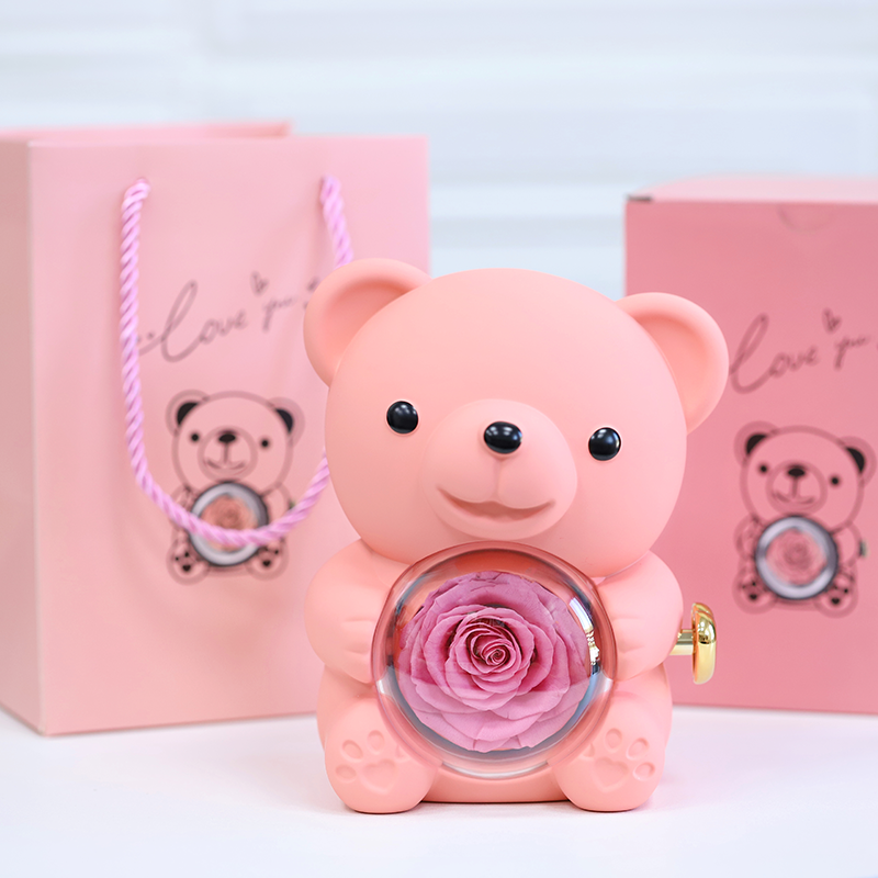 Preserved Soap Rose & Bear Box with Heart Necklace Eternal Flowers Rose